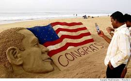 Indians with cells photoing Obama on the beach Hindustani mein